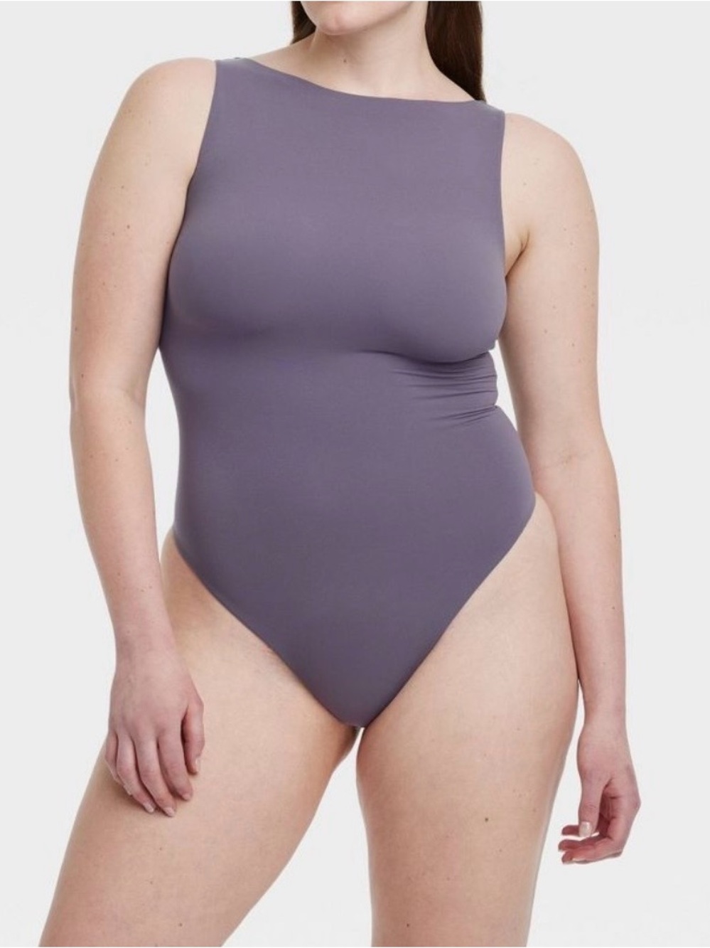 Auden Luxe Stretch Boatneck Thong Bodysuit Mauve Gray Size L